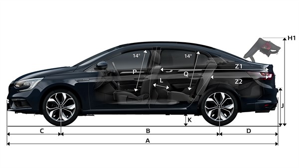 Renault MEGANE Sedan - Side-face view of the vehicle on white background with arrows