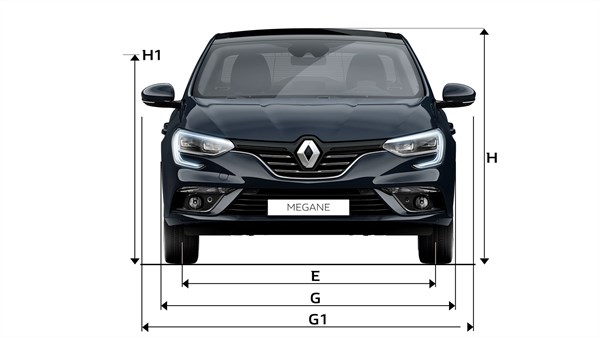 Renault MEGANE Sedan - Front end view of the vehicle on white background with arrows