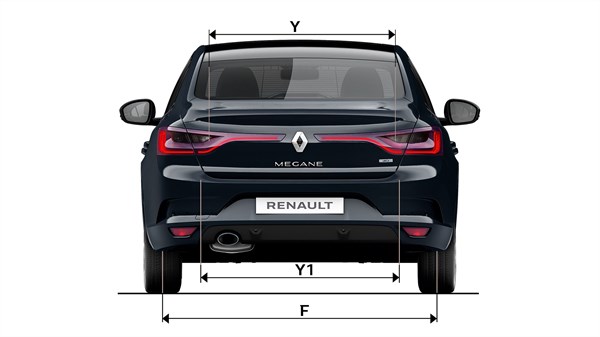 Renault MEGANE Sedan - Rear end view of the vehicle on white background with arrows